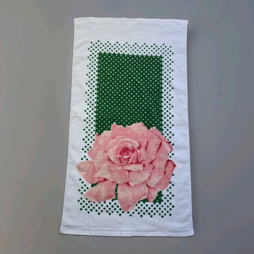 Vintage Fieldcrest Rose Fringed Hand Towel Cotton Cottage Granny Chic Floral